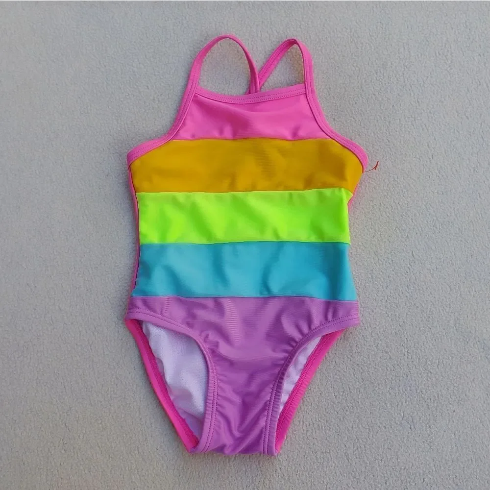 NWOT Cat & Jack neon striped one piece swimsuit Size 12 Months